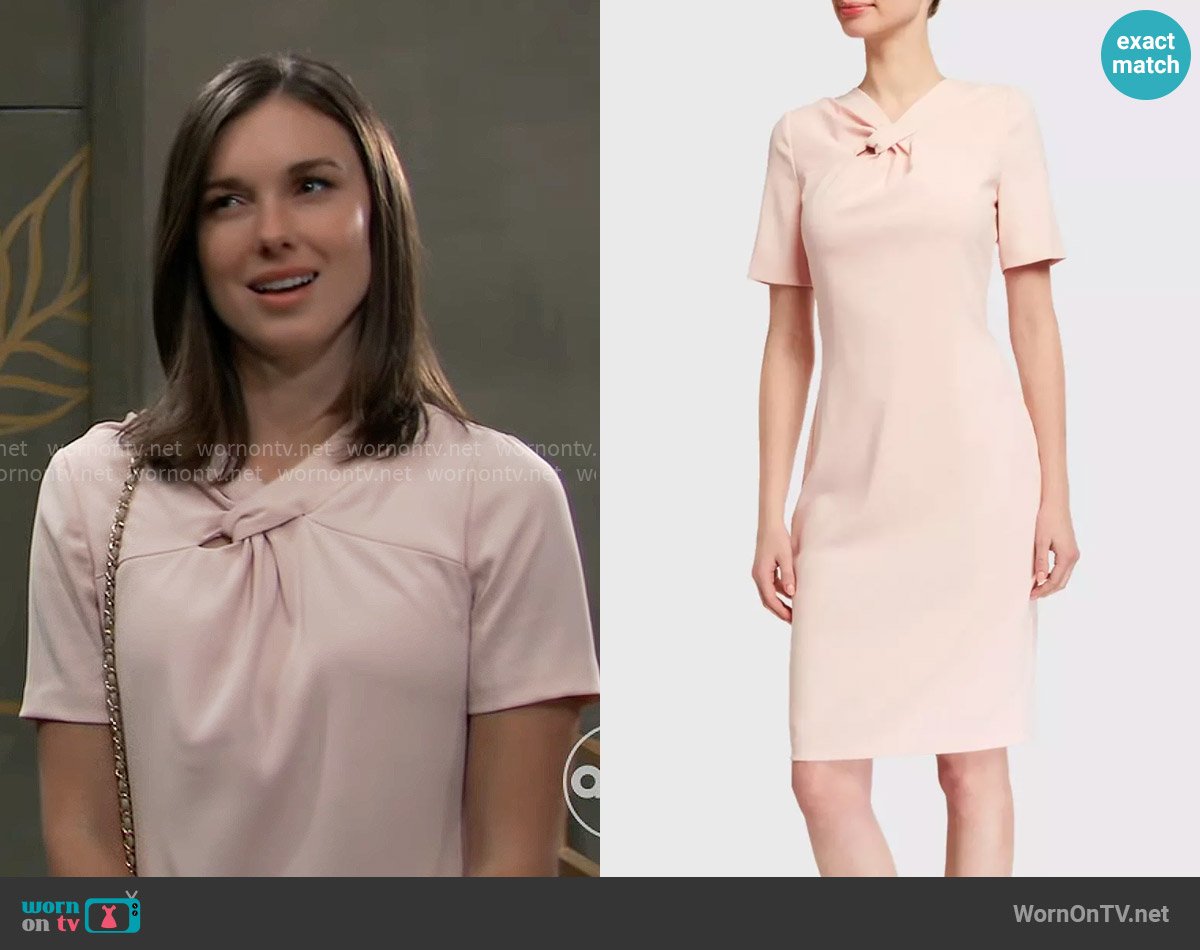 Badgley Mischka Loop Neck Short Sleeve Lined Sheath worn by Willow Tait (Katelyn MacMullen) on General Hospital