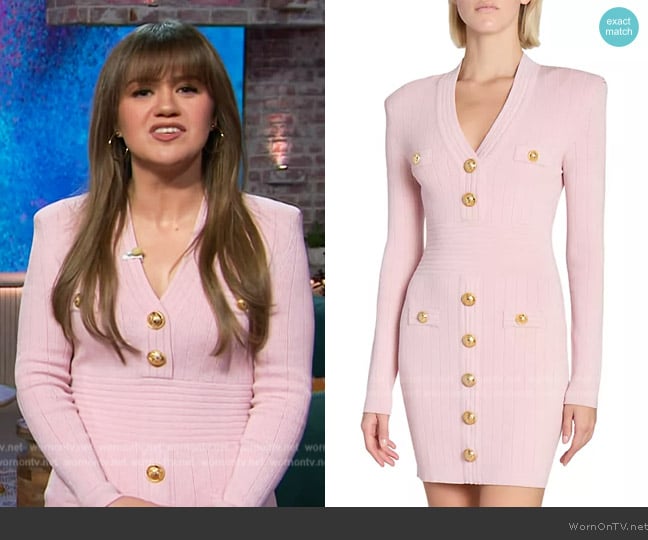 Balmain Long-Sleeve Buttoned Short Knit Dress worn by Kelly Clarkson on The Kelly Clarkson Show