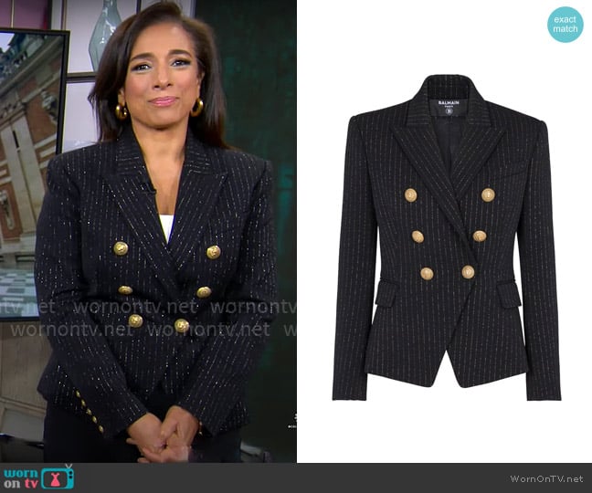 Balmain Chalk Stripe Blazer worn by Michelle Miller on CBS Mornings