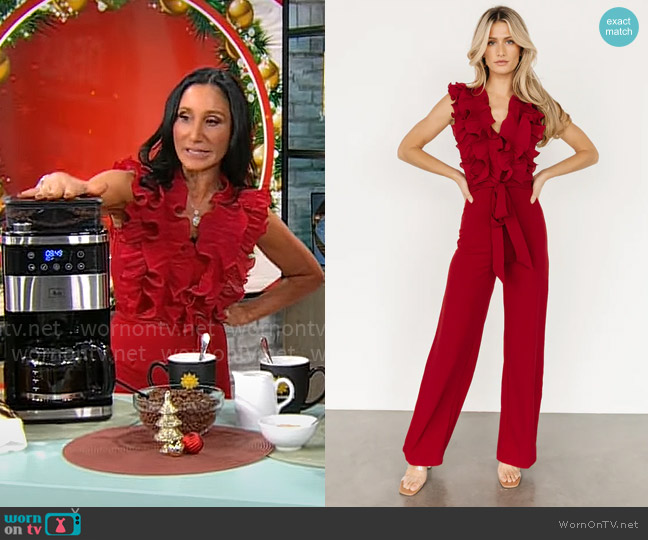 Baltic Born Tyra Ruffle Tank Jumpsuit worn by Elizabeth Werner on CBS Mornings