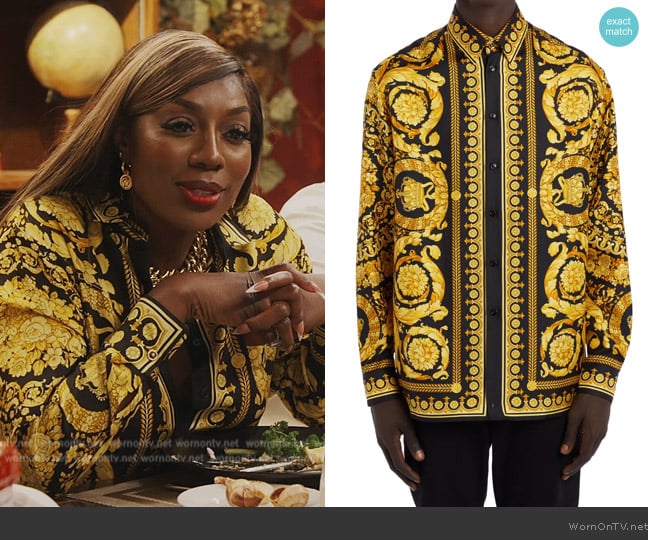 Versace Heritage Barocco-print silk shirt worn by Wendy Osefo on The Real Housewives of Potomac