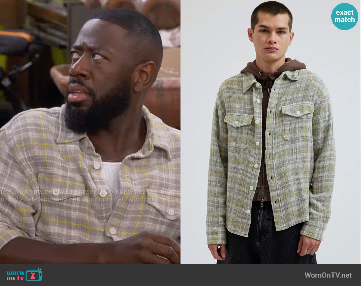 BDG at Urban Outfitters Open Weave Plaid Button-Down Overshirt in Gray worn by Malcom (Sheaun McKinney) on The Neighborhood