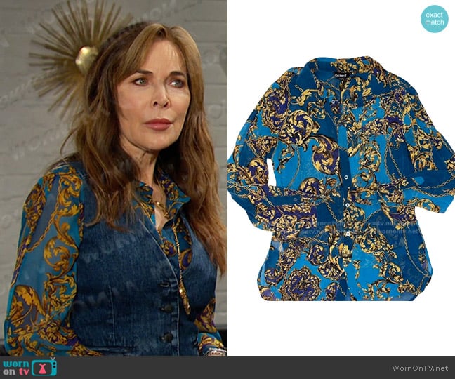 Bebe Baroque Print Button Down Top worn by Kate Roberts (Lauren Koslow) on Days of our Lives