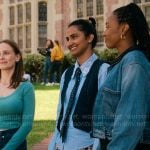 Bela’s blue striped shrit with embellished collar and pinstripe denim vest on The Sex Lives of College Girls