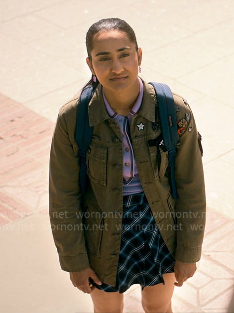 Bela's embellished utility jacket, plaid mini skirt and gummi bear earrings on The Sex Lives of College Girls