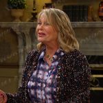 Bonnie’s tie dye print button down shirt and speckled cardigan on Days of our Lives