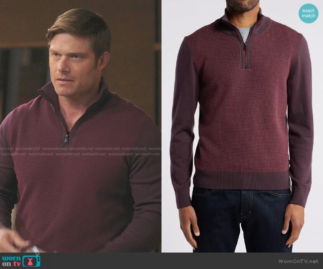 Boss Dambino Half Zip Virgin Wool Pullover in Open Red worn by  Atticus Lincoln (Chris Carmack) on Greys Anatomy