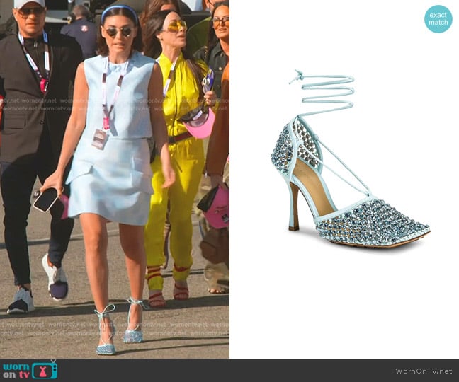 Bottega Veneta Web Sparkle Stretch Lace Up Sandals worn by Bronwyn Newport on The Real Housewives of Salt Lake City