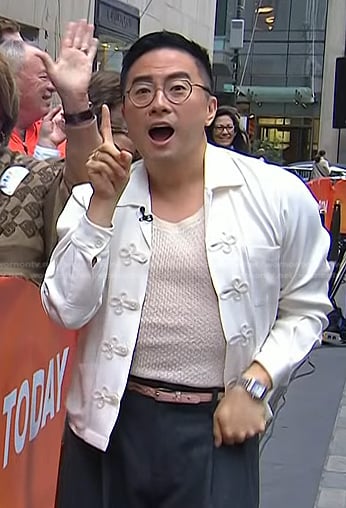 Bowen Yang's white knotted button shirt on Today