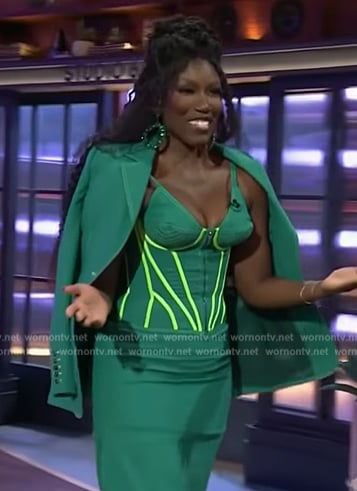 Bozoma Saint John’s green corset top and suit on The Kelly Clarkson Show