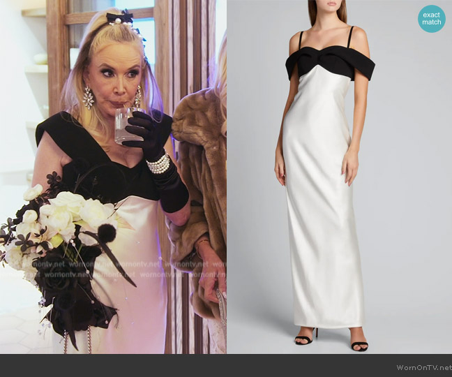 Brandon Maxwell Draped Satin Off-Shoulder Gown worn by Shannon Beador on The Real Housewives of Orange County