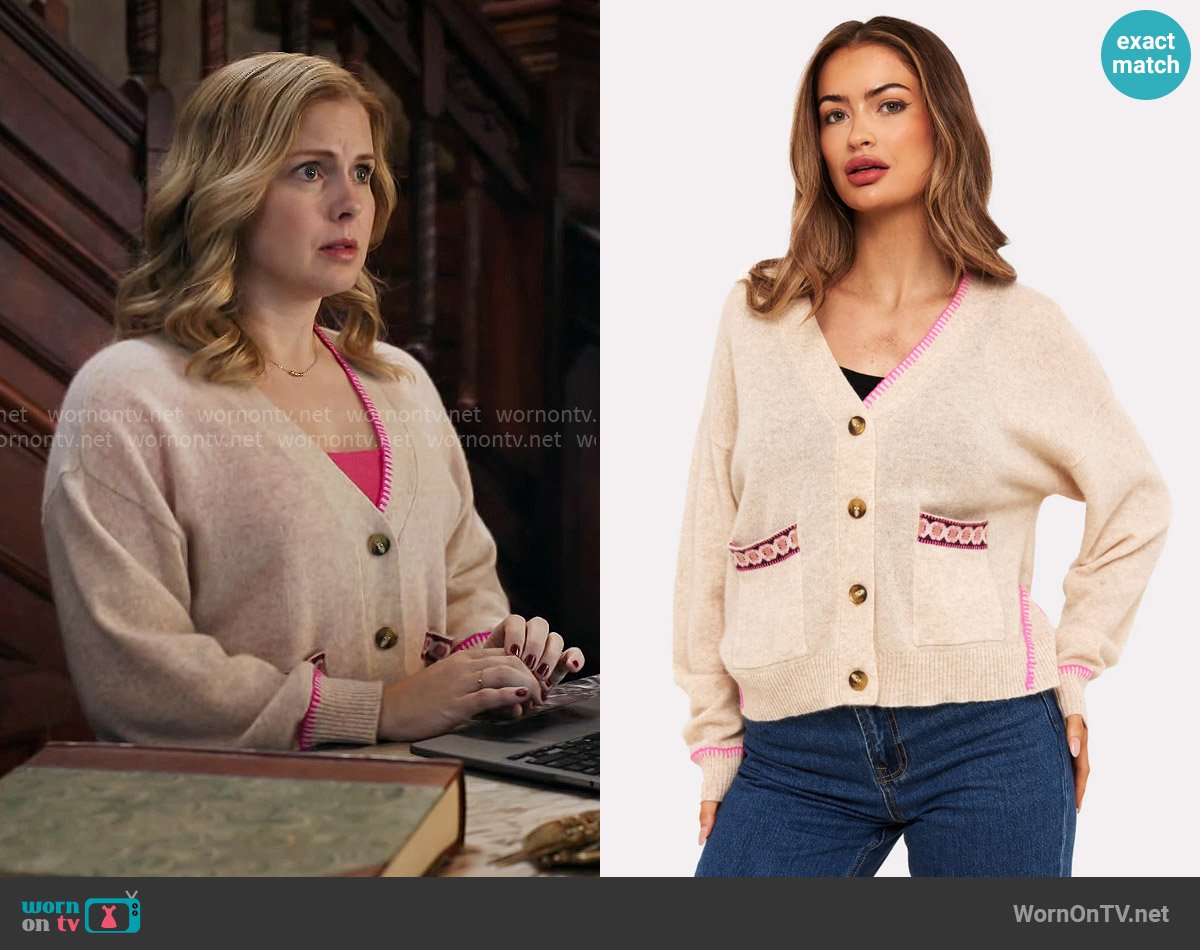 Brodie Mila Geo Trim Cashmere Cardigan worn by Sam (Rose McIver) on Ghosts