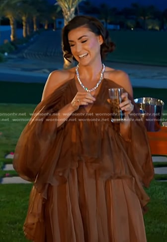 Bronwyn's brown tulle top and maxi dress on The Real Housewives of Salt Lake City