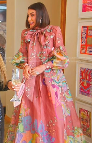 Bronwyn’s pink print tie neck gown on The Real Housewives of Salt Lake City