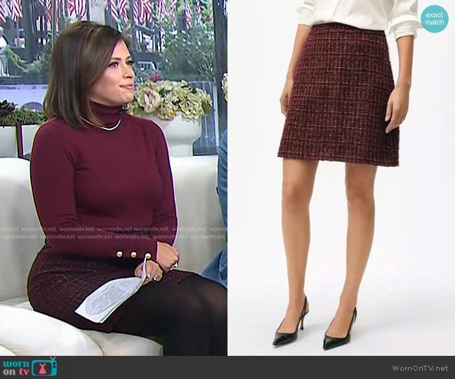 Brooks Brothers A-Line Skirt in Cotton-Wool Blend Boucle in Dark Red worn by Chloe Melas on Today