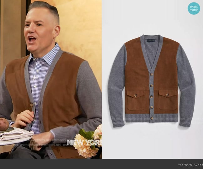 Brooks Brothers V-Neck Cardigan with Suede Panels in Wool-Cashmere Blend worn by Ross Mathews on The Drew Barrymore Show