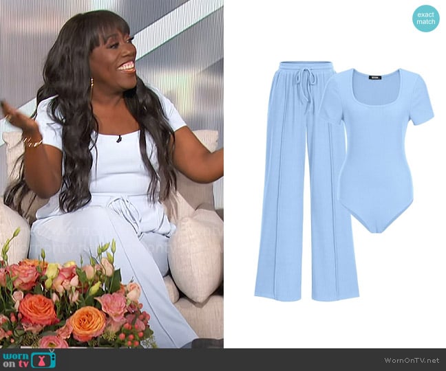 BTFBM Two Piece Set in Solid Light Blue worn by Sheryl Underwood on The Talk