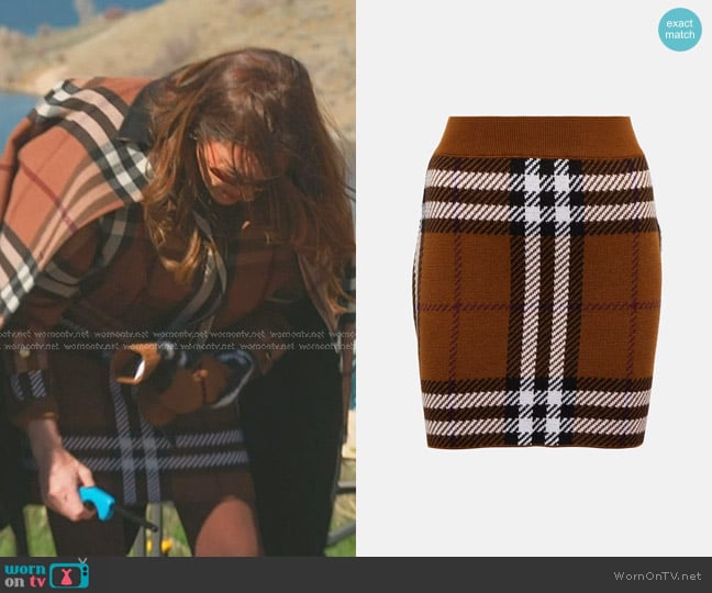 Burberry Checked Jacquard Wool Miniskirt in Dark Birch Brown worn by Meredith Marks on The Real Housewives of Salt Lake City