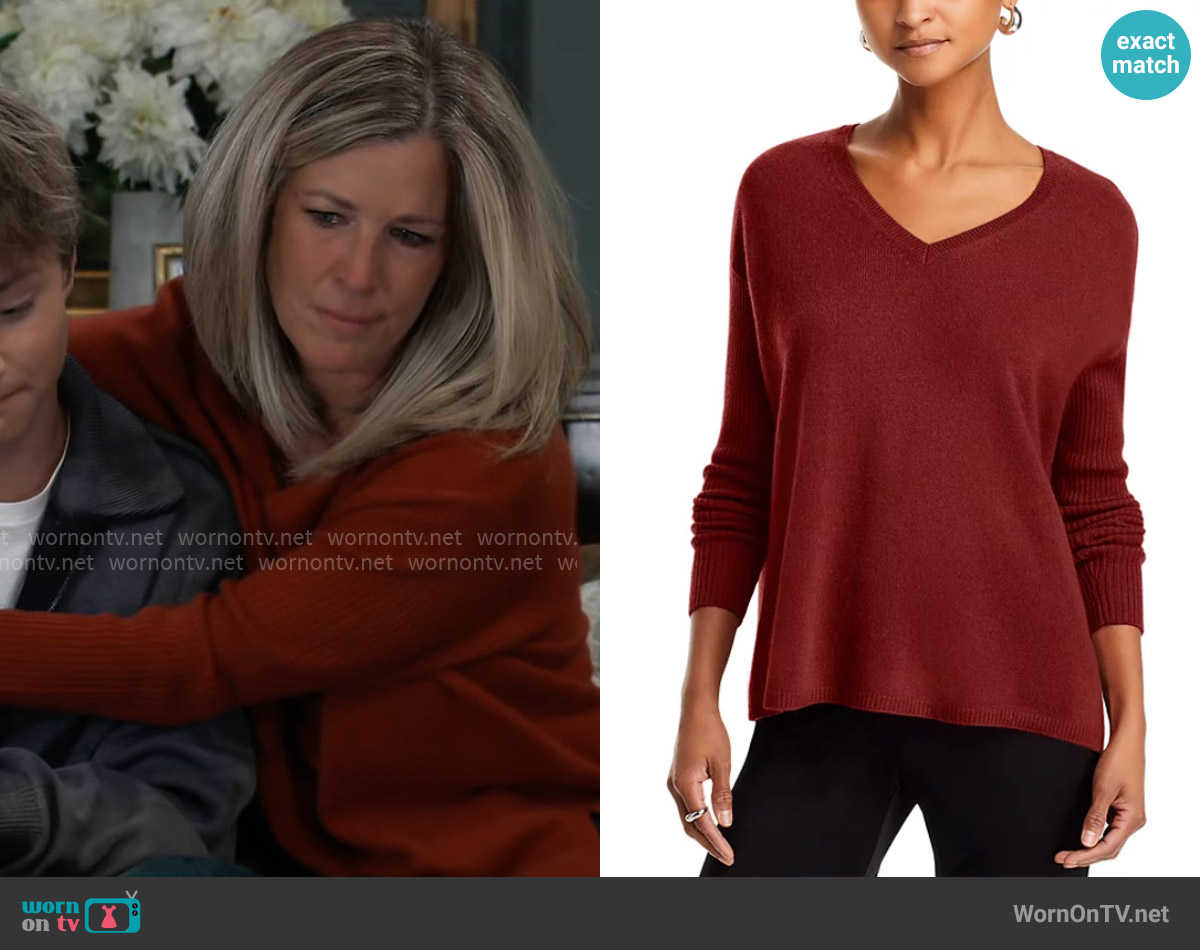 C by Bloomingdales V-Neck Ribbed Sleeve Cashmere Sweater in Dark Sienna worn by Carly Spencer (Laura Wright) on General Hospital