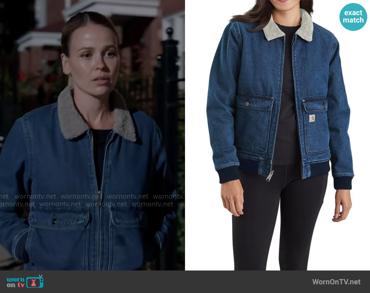 Lyla’s denim jacket with sherpa collar on Chicago Fire