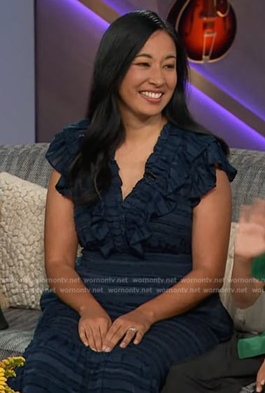 Carlene Cabison’s navy ruffle dress on The Kelly Clarkson Show