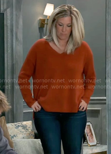 Carly's rust brown v-neck sweater on General Hospital