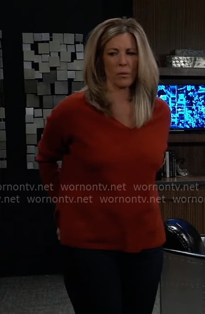 Carly's rust brown v-neck sweater on General Hospital