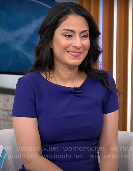 Dr. Celine Gounder's purple short sleeve dress on CBS Mornings