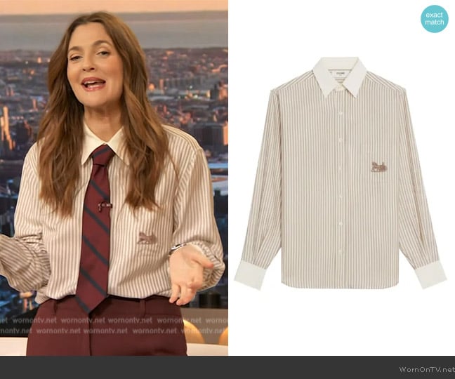 Celine Loose Shirt in Striped Silk Blouse worn by Drew Barrymore on The Drew Barrymore Show