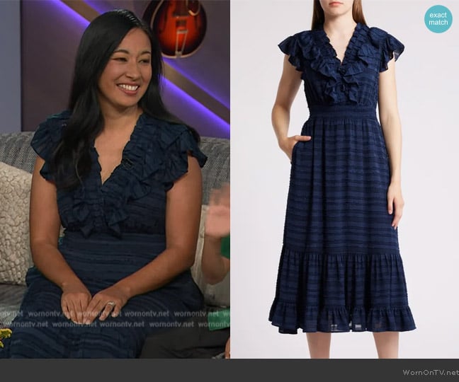 Chelsea28 Ruffle Detail Textured Stripe Dress worn by Carlene Cabison on The Kelly Clarkson Show