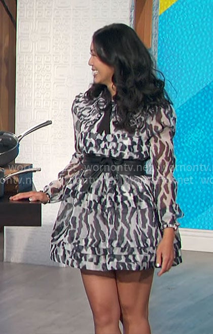 Chi-Lan Liu's black and white printed mini dress on The Talk