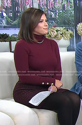 Chloe’s burgundy button cuff sweater and tweed mini skirt on Today