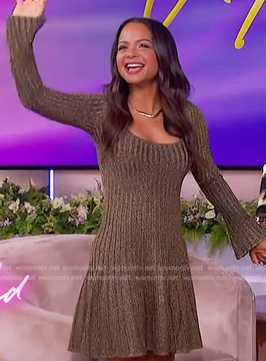 Christina Milian’s olive ribbed mini dress on The Jennifer Hudson Show