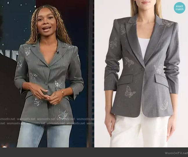 Cinq a Sept Joan Butterfly Embellished Pinstripe Blazer worn by Zuri Hall on Access Hollywood