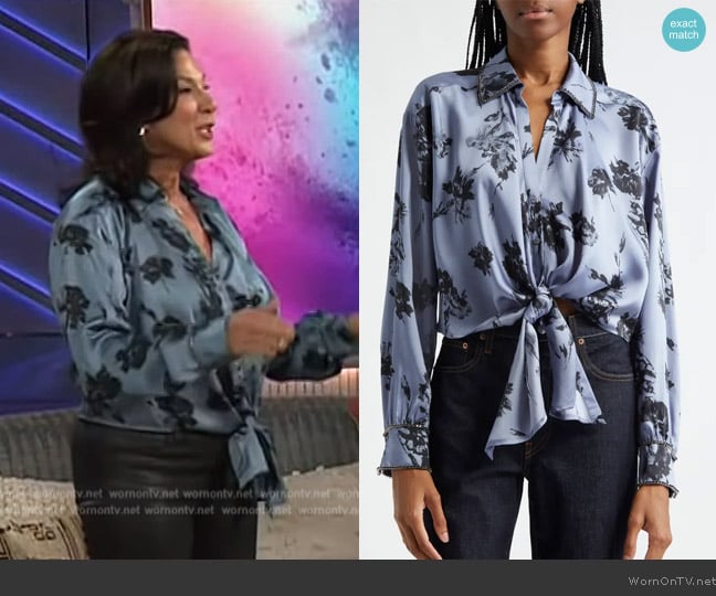 Cinq a Sept Marianna Floral Embellished Tie Front Top worn by Emily Kaufman on The Kelly Clarkson Show