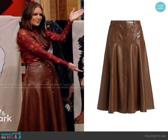 Cinq a Sept Veena Vegan Leather Midi-Skirt in Espresso worn by Monica Mangin on Live with Kelly and Mark