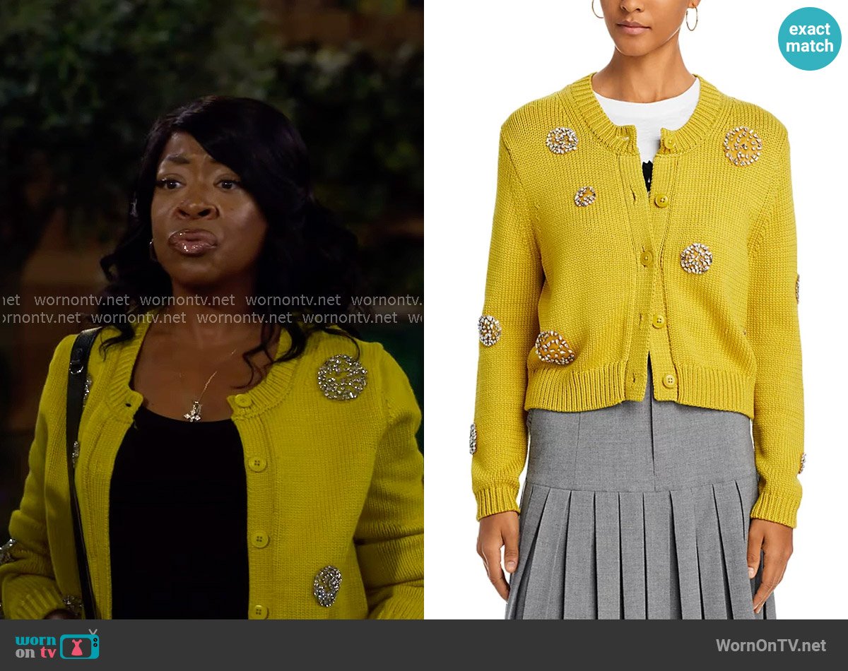 Cinq a Sept Piera Polka Dot Rhinestone Embellished Wool Blend Cardigan worn by Tina Butler (Tichina Arnold) on The Neighborhood