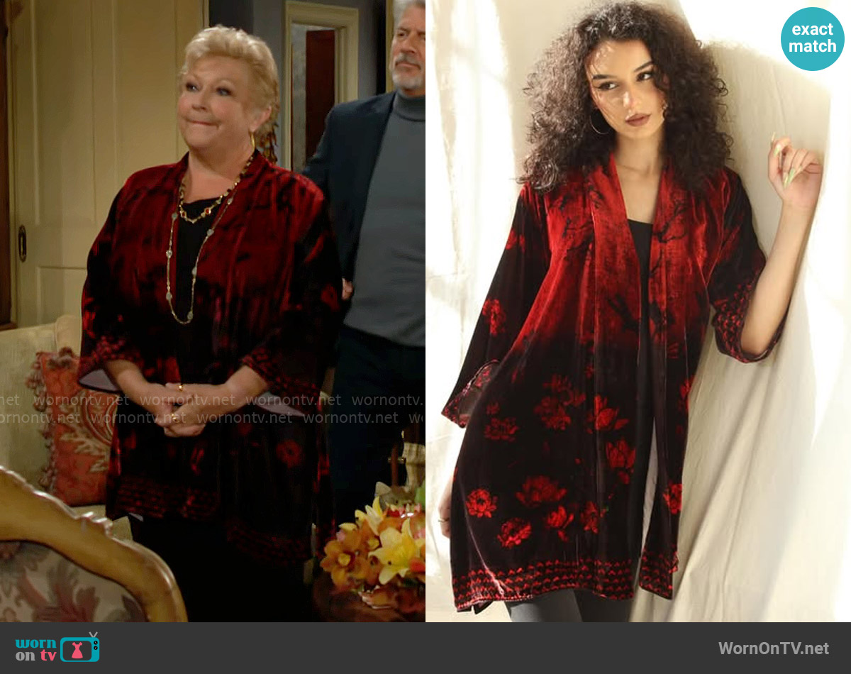 Citron Lotus with Dragonfly Burgundy Velvet Kimono worn by Traci Abbott (Beth Maitland) on The Young and the Restless