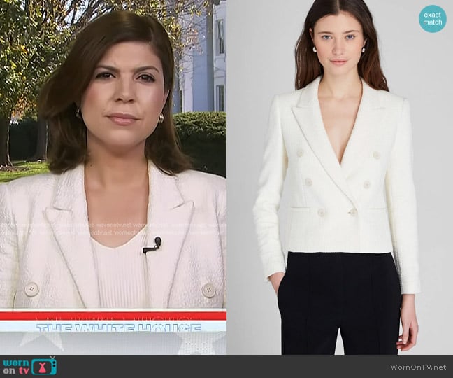 Club Monaco Textured Cropped Double Breasted Blazer in Egret worn by Monica Alba on Today