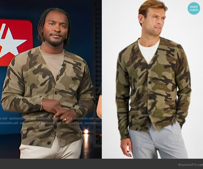 Club Room Camo V-Neck Cashmere Cardigan Sweater worn by Scott Evans on Access Hollywood