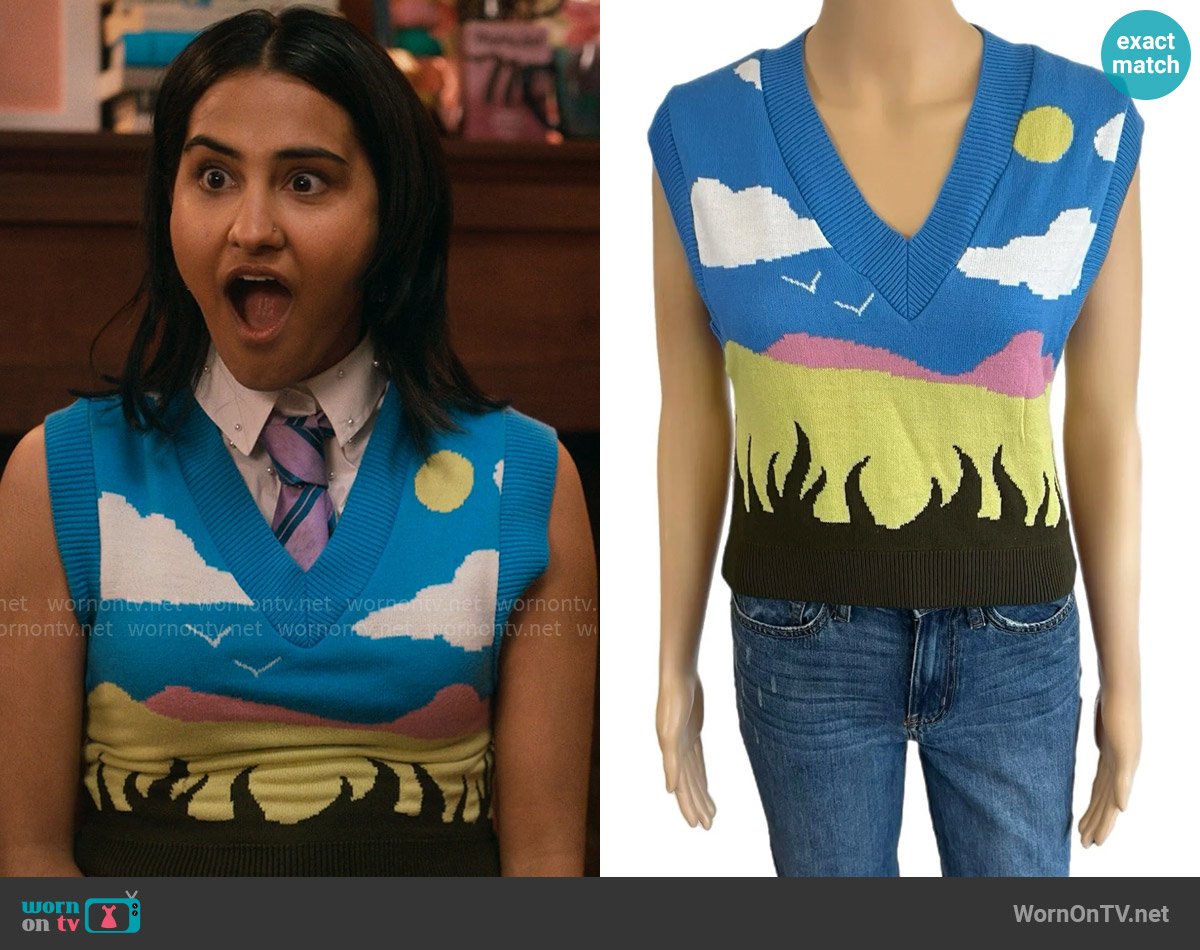 Collusion Printed Vest worn by Bela Malhotra (Amrit Kaur) on The Sex Lives of College Girls