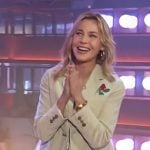 Connie Nielsen’s velvet rose embroidered blazer on The Kelly Clarkson Show