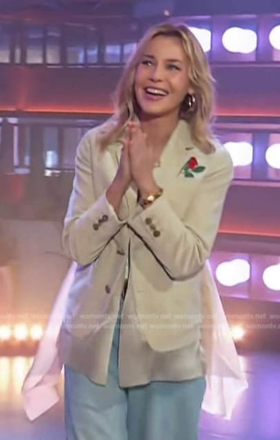 Connie Nielsen’s velvet rose embroidered blazer on The Kelly Clarkson Show