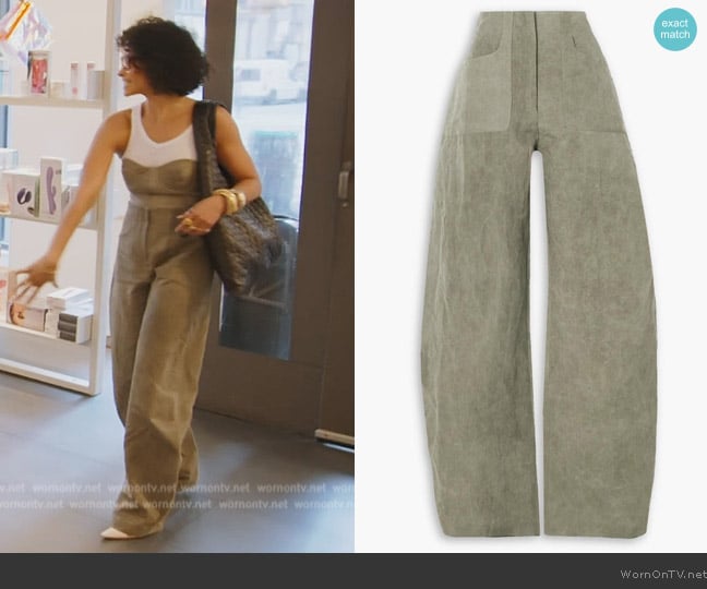 Cortana Arkaitz cotton and linen-blend tapered pants worn by Sai De Silva on The Real Housewives of New York City