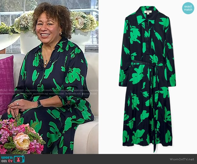 Cos Belted Printed Midi Dress in Green worn by Nikki May on Today