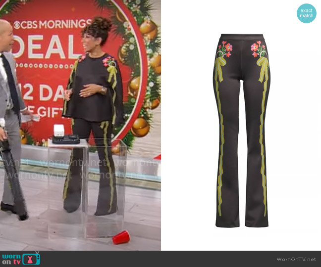 Cynthia Rowley Floral Bonded Stretch Flare Pants worn by Gabrielle Kerr on CBS Mornings