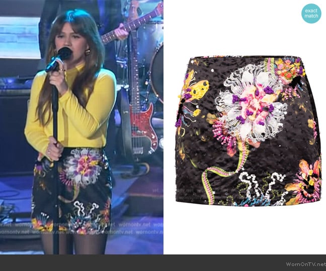 Cynthia Rowley Embellished Satin Miniskirt worn by Kelly Clarkson on The Kelly Clarkson Show