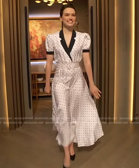 Daisy Ridley's white contrast polka dot dress on The Drew Barrymore Show