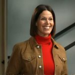 Dana Jacobson’s tan leather trucker jacket on CBS Mornings