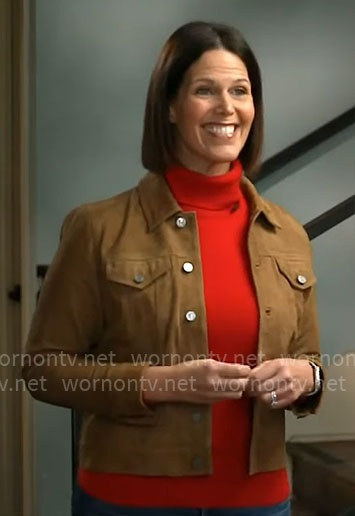 Dana Jacobson’s tan leather trucker jacket on CBS Mornings